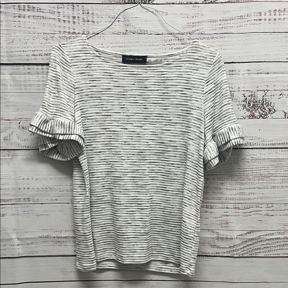 Ivanka Trump Gray Striped Ruffle Sleeve Tee